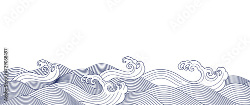 Japanese sea wave background vector. Wallpaper design with blue and white ocean wave pattern backdrop. Modern luxury oriental illustration for cover, banner, website, decor, border.