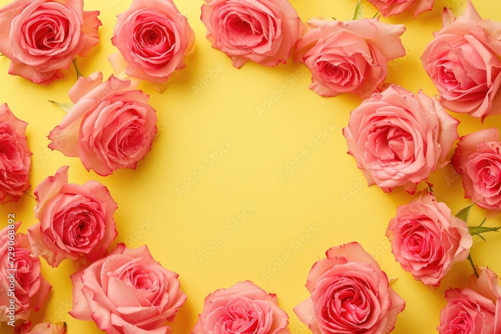 Frame made of beautiful roses on a yellow background with space for text, concept of Valentine Day, Mother Day, Women Day