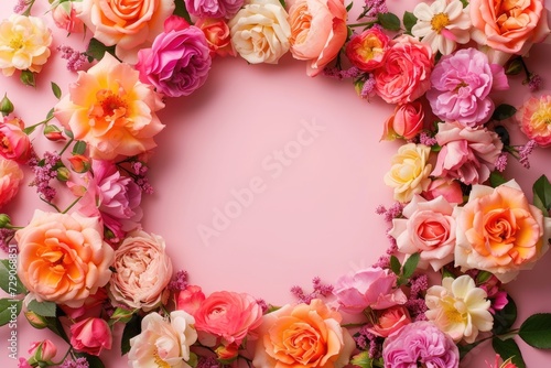 Frame made of beautiful roses on a pink background with space for text, concept of Valentine Day, Mother Day, Women Day © MrHamster