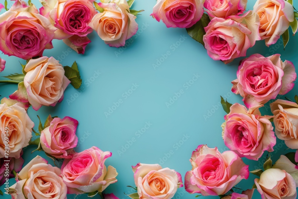 Frame made of beautiful roses on a teal background with space for text, concept of Valentine Day, Mother Day, Women Day