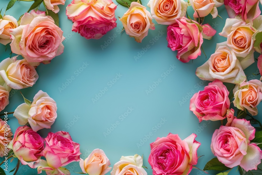 Frame made of beautiful roses on a teal background with space for text, concept of Valentine Day, Mother Day, Women Day