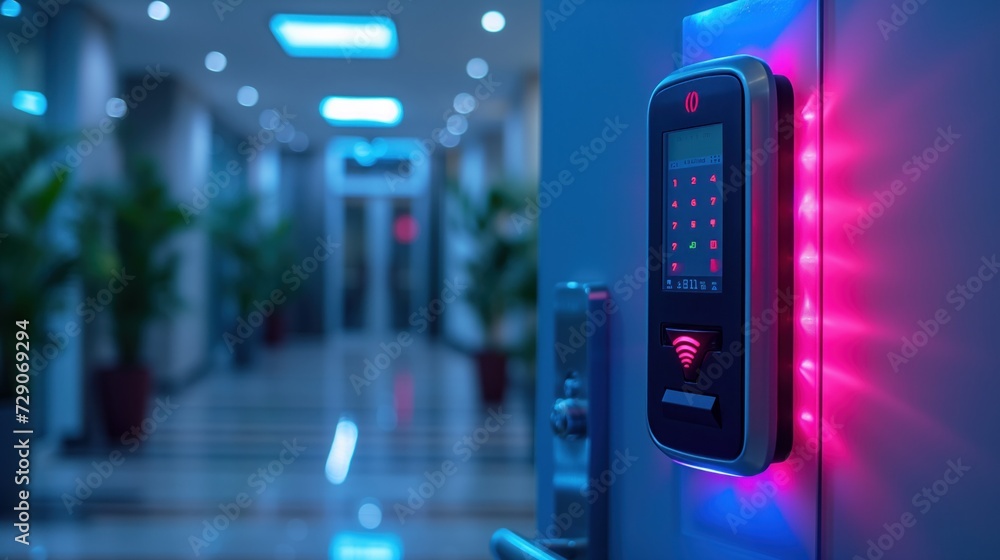 Finger print scan access control system machine on wall near entrance door office, Generative AI Finger print scan access control system machine on wall near entrance door office, Generative AI
