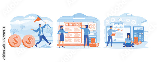Control flow of money Dollar coins. Cash flow statement. Business people with online cash flow report. set flat vector modern illustration 