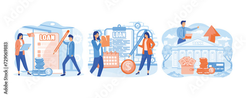 Business loan, take money from bank. Loan restructuring. Searching Business Loan Offer. set flat vector modern illustration 