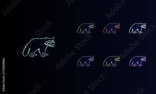 A set of neon raccoon symbols. Set of different color symbols, faint neon glow. Vector illustration on black background