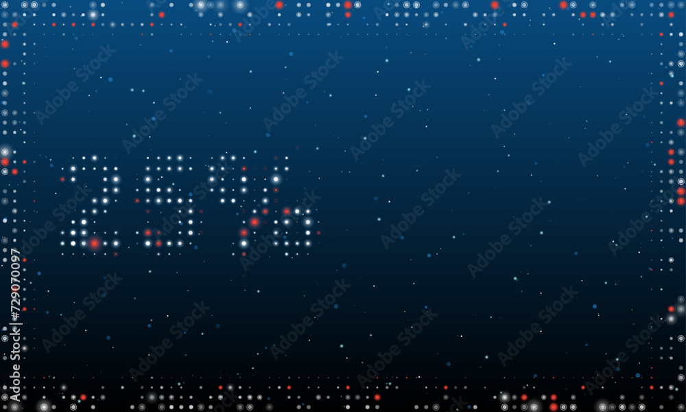 On the left is the 25 percent symbol filled with white dots. Pointillism style. Abstract futuristic frame of dots and circles. Some dots is red. Vector illustration on blue background with stars