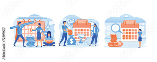 Payment date concept. Payday loans. Woman check pay schedule or payroll. set flat vector modern illustration 
