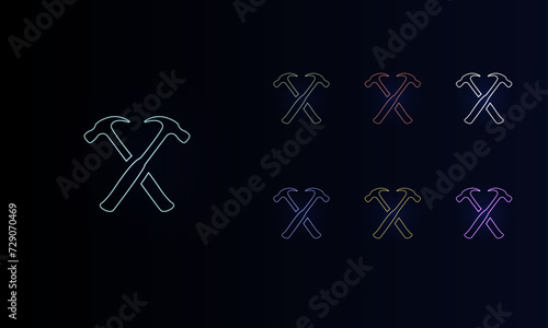 A set of neon crossed hammers symbols. Set of different color symbols, faint neon glow. Vector illustration on black background