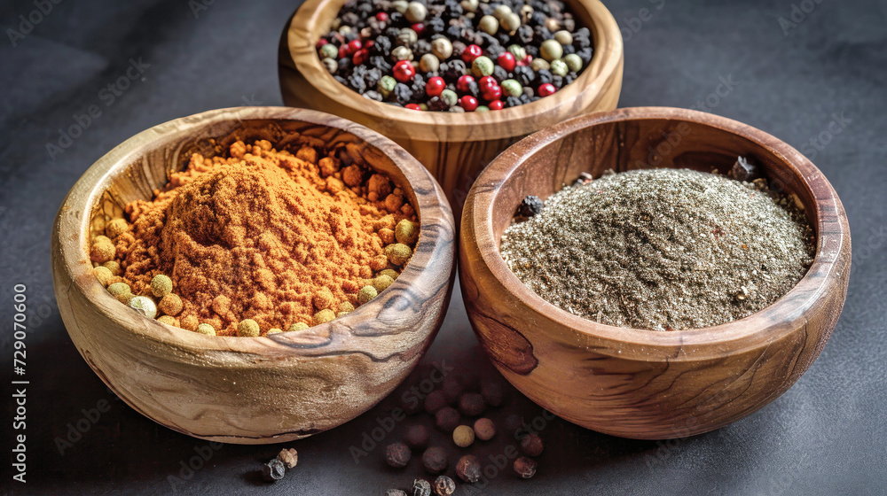Assorted Wooden Bowls Filled With Flavorful Spices for Cooking Assorted Wooden Bowls Filled With Flavorful Spices for Cooking