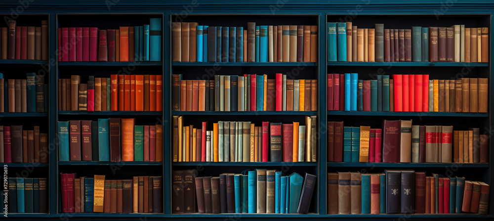 Antique Bookshelf with Collection of Hardcover Books in Library Antique Bookshelf with Collection of Hardcover Books in Library