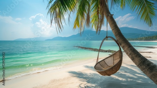 A cradle hangs from a tilted coconut tree. For sitting and traveling, sitting in the middle of a pristine white sand beach. green sea water There was bright morning sunshine.