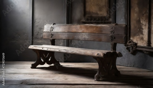 In the foreground, an aged wooden bench takes prominence against the backdrop of a dark interior wall, while a blurred brown, weathered wall remains in the background.