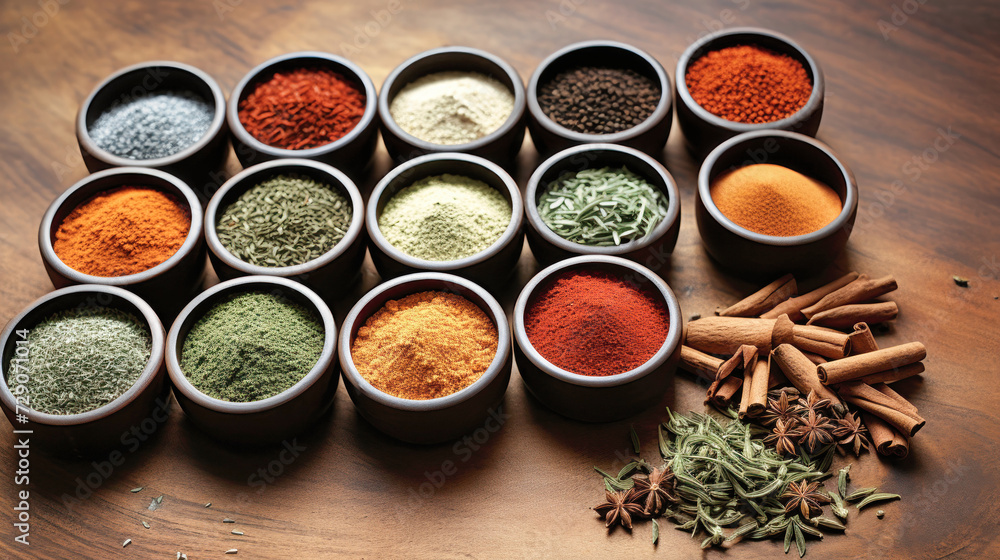 Assortment of Spice-filled Bowls for Flavorful Cooking Assortment of Spice-filled Bowls for Flavorful Cooking