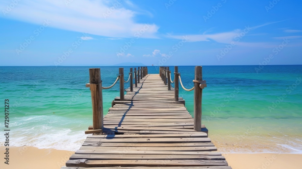 A wooden bridge jutting out into the sea. There is a pristine white sand beach. green sea water There is bright, high quality morning sunlight.