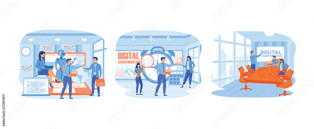 Digital Transformation. Data Analysis and Digitization. Describes an innovative future concept. Digital Transformation set flat vector modern illustration