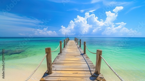 A wooden bridge jutting out into the sea. There is a pristine white sand beach. green sea water There is bright  high quality morning sunlight.