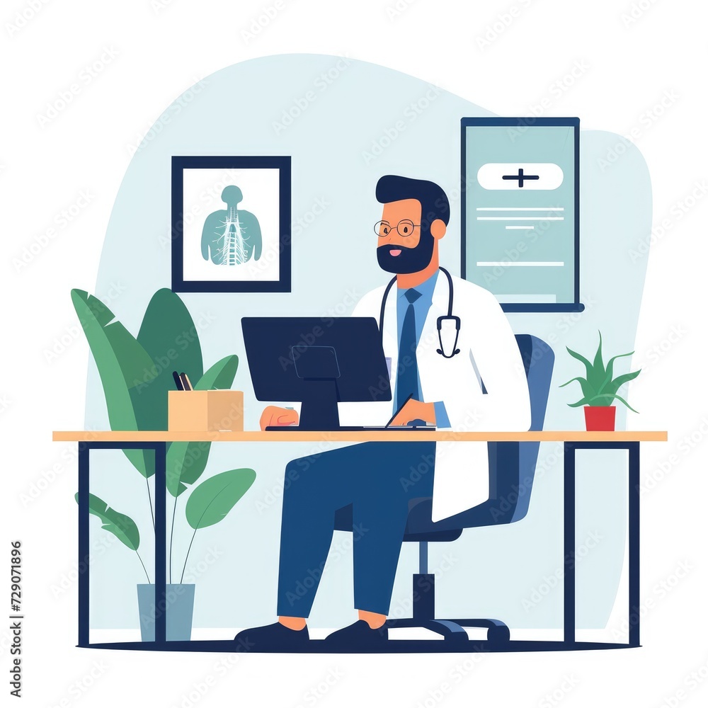 Doctor Engaged in Telemedicine Flat Illustration Doctor Engaged in Telemedicine Flat Illustration