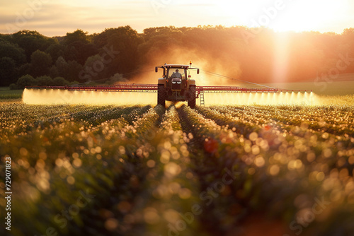 Modern Agriculture: Farmer Operating a Tractor for Crop Spraying
