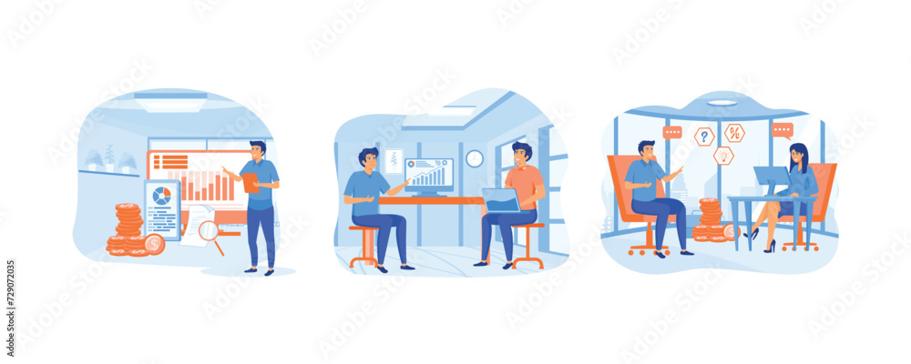 Financial consultant, Business Financial. Businessman talking to female financial consultant. set flat vector modern illustration