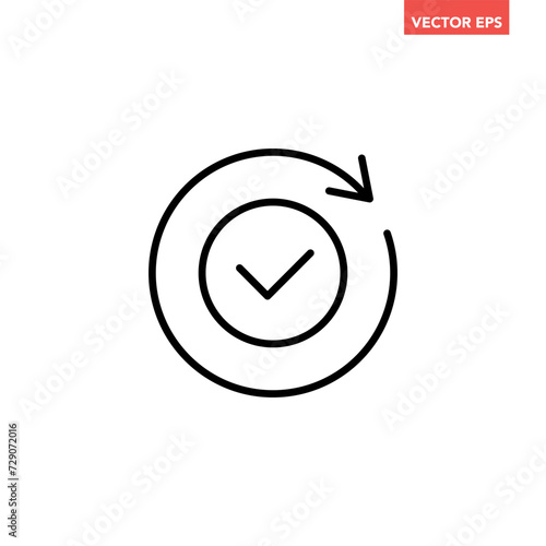 Black round checking process sync approved line icon, simple turning arrows sync flat design pictogram vector for app logo ads web webpage button ui ux interface elements isolated on white background
