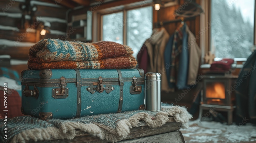 A vintage suitcase, woolen blankets, and a thermos set a cozy scene inside a rustic cabin with a view of snow outside
