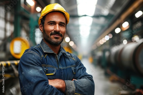 Candid shot of a confident Hispanic male factory worker with arms crossed, industrial construction industry, Generative AI