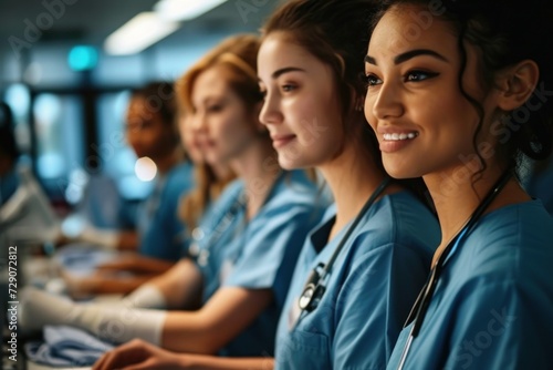Candid shot of a group of student nurses immersed in training at college, medical colleagues, Generative AI © Pixel Nirvana
