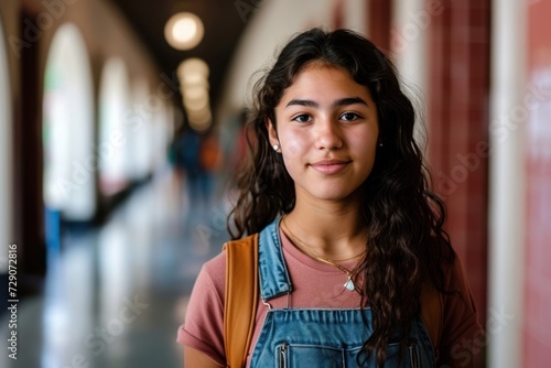 Confident Hispanic female high school student standing in a hallway, embodying the spirit of education and personal growth, Generative AI