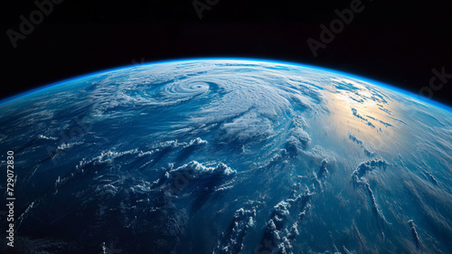 Our planet Earth viewed from space, showcasing swirling clouds over the blue oceans and continents from a satellite perspective