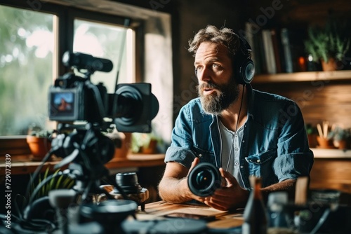 Candid image of a man recording a video podcast or YouTube video. He's speaking into the camera, illustrating the spontaneity and authenticity of contemporary digital communication, Generative AI photo
