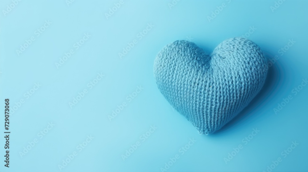 A blue knitted heart on a blue background, top view, with space for text. Valentine's Day, hobbies, knitting, love, health concept.