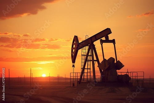 Silhouette of pumpjack rig in desert sunset, industrial machine for petroleum production. Generative AI photo