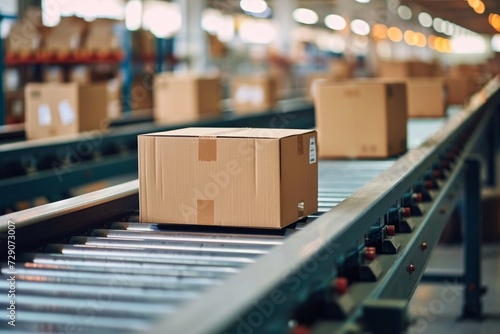Closeup of multiple cardboard box packages seamlessly moving along a conveyor belt in a warehouse fulfillment center, a snapshot of e-commerce, delivery, automation and products, Generative AI