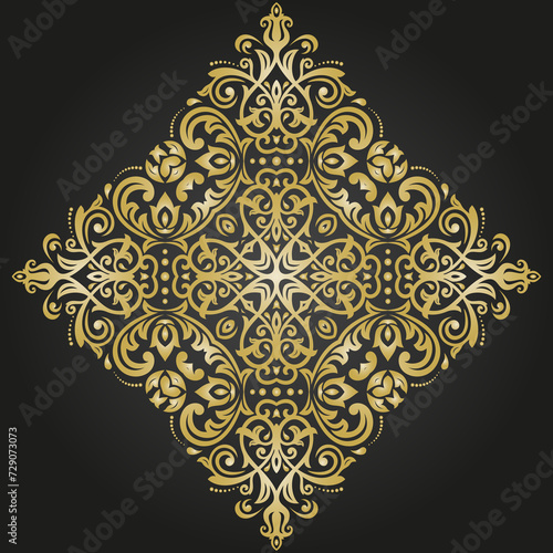 Oriental ornament with arabesques and floral elements. Traditional classic ornament with golden square. Vintage pattern with arabesques