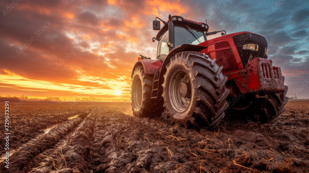 majestic sunset over a plowed farmland, with a red tractor in the foreground, highlighting agricultural activity and rural beauty majestic sunset over a plowed farmland, with a red tractor in the foreground, highlighting agricultural activity and rural beauty