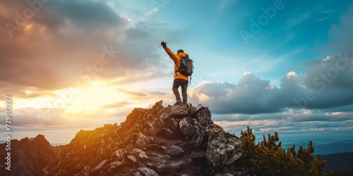 Hiker with backpack raising arms up on the top of the mountain - Successful man celebrating victory, Generative AI