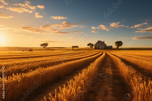 breathtaking golden sunset casting warm light over vast wheat fields with a solitary farmhouse and tree  evoking a sense of rural tranquility