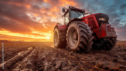 majestic sunset over a plowed farmland, with a red tractor in the foreground, highlighting agricultural activity and rural beauty