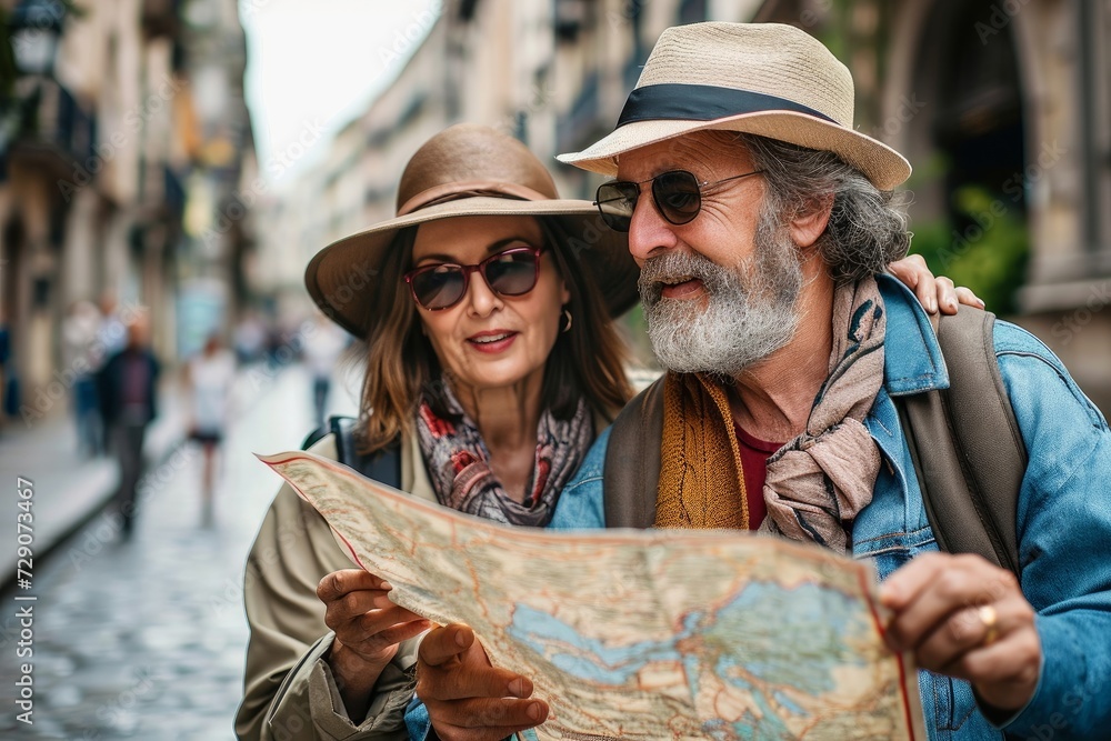 Married couple of tourists sightseeing city street with map. Happy husband and wife enjoying summer vacation together. Touristic life style concept with aged couple traveling European, Generative AI