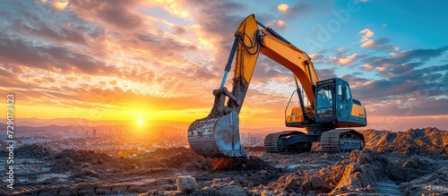 powerful excavator stands against a vivid sunset backdrop, signifying progress and industrial development at a construction site