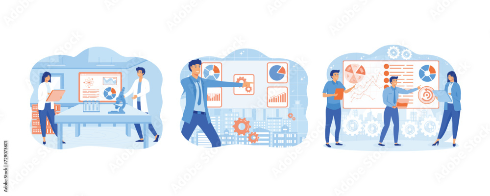 Business data analysis research. Data scientist looking and interacting with virtual dashboard. Big data science analysis. set flat vector modern illustration 