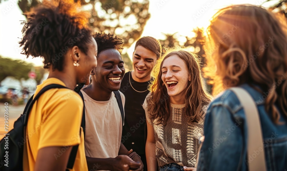 Multiracial best friends having fun laughing out loud outdoors - Group of young people enjoying summertime day out - Teenagers joking together in college campus - Friendship, Generative AI