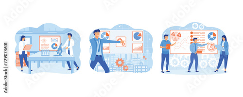 Business data analysis research. Data scientist looking and interacting with virtual dashboard. Big data science analysis. set flat vector modern illustration 