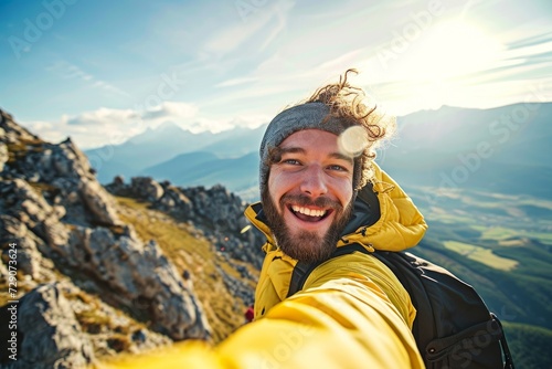 Young hiker man taking selfie portrait on the top of mountain - Happy guy smiling at camera - Hiking, sport, travel and technology concept - Bright, Generative AI