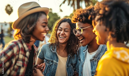 Multiracial best friends having fun laughing out loud outdoors - Group of young people enjoying summertime day out - Teenagers joking together in college campus - Friendship, Generative AI photo