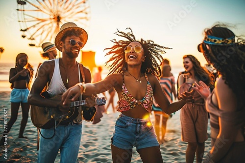 Group of friends having fun dancing at sunset beach party - Happy young people enjoying music festival on weekend vacation - Life style concept with guys and girls enjoying summer, Generative AI
 photo