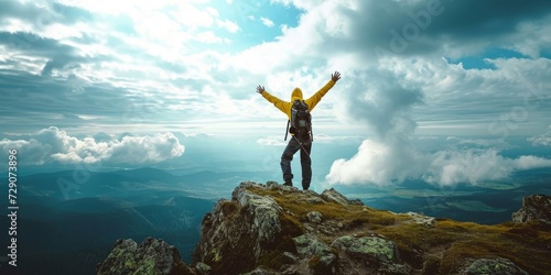 Man traveler on mountain summit enjoying nature view with hands raised over clouds - Sport  travel business and success  leadership and achievement  Generative AI