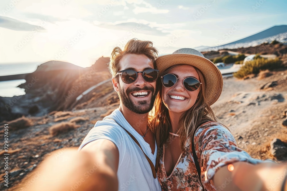 Happy couple taking selfie outside on vacation - Beautiful boyfriend and girlfriend having fun on summer holiday, Generative AI