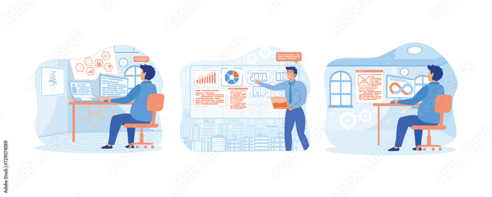 Developing programming and coding technologies.  Engineer with laptop standing in office holding pen while coding.  Developer creates software and programming code. set flat vector modern illustration