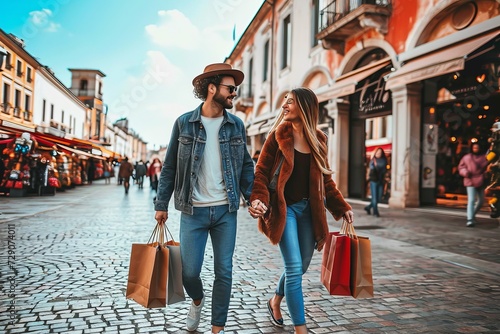 Happy beautiful young couple holding shopping bags walking on city street - Two loving tourists having fun on weekend vacation - Holidays and shopping, Generative AI